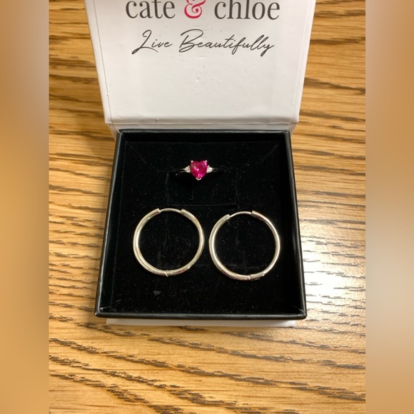 Set of Silver Hoop Earrings & Ring with Fuchsia Heart - Picture 4 of 11